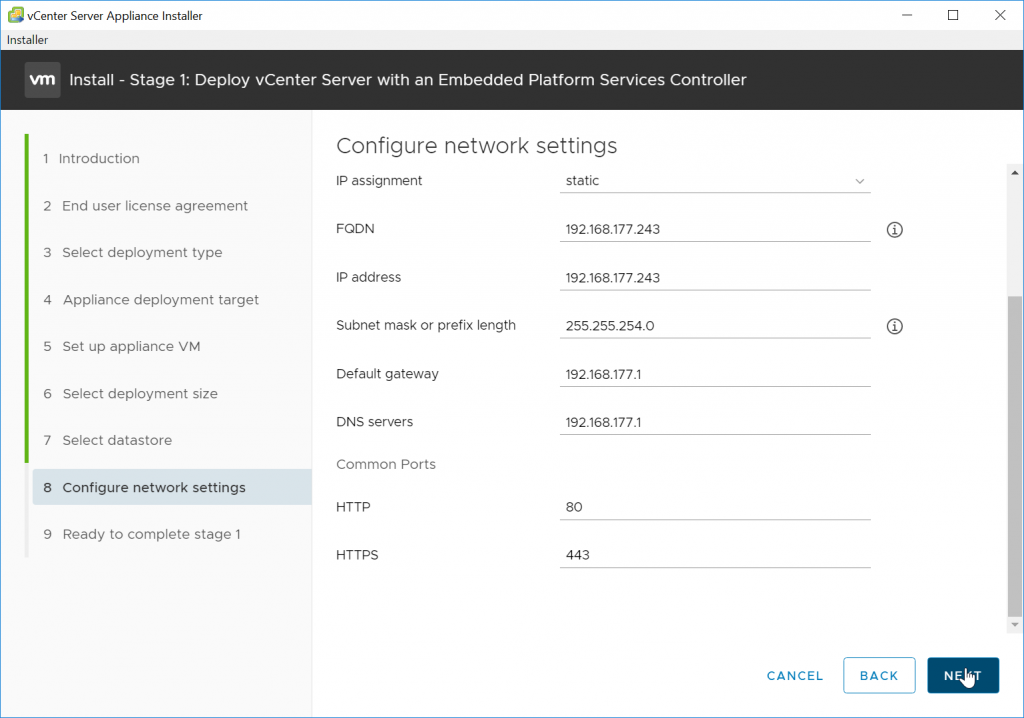 VCSA Install Settings Common Ports