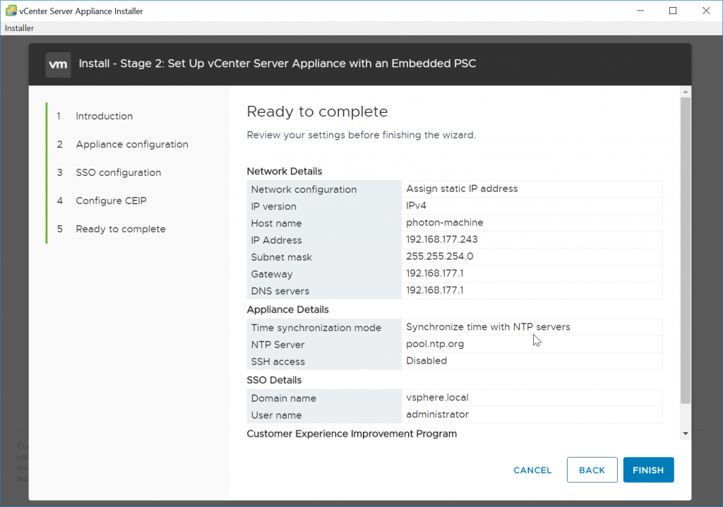 VCSA Appliance Setup Validation