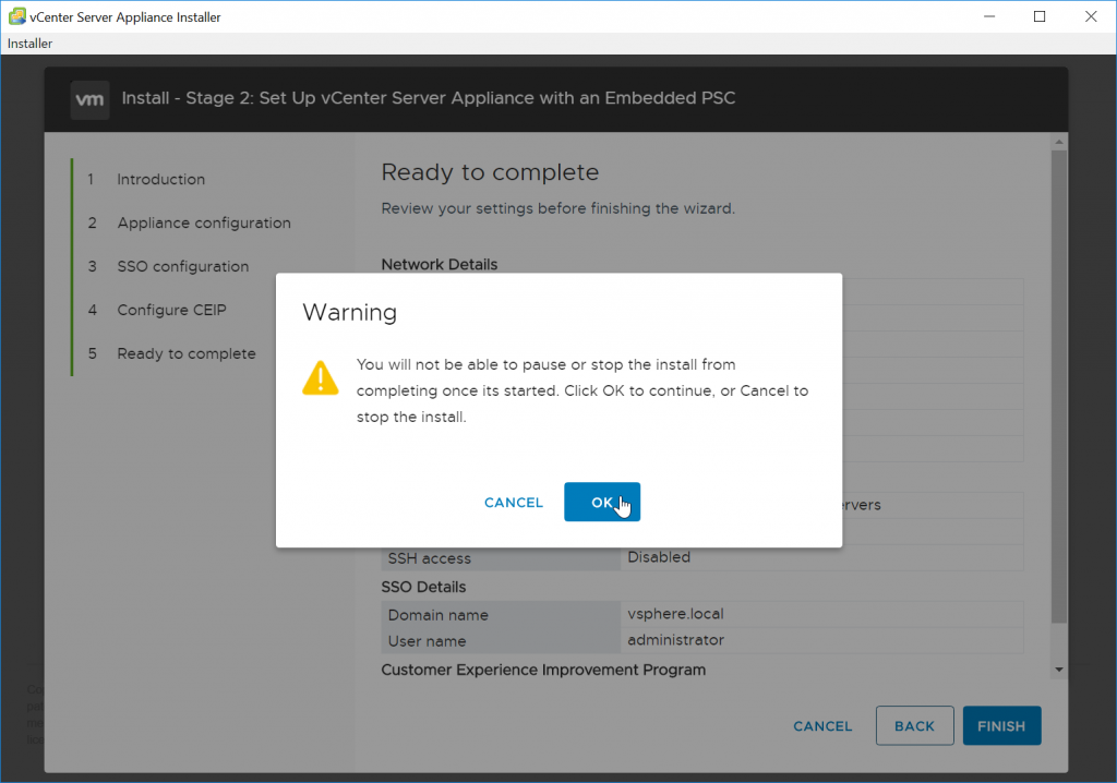 VCSA Appliance Setup Warning