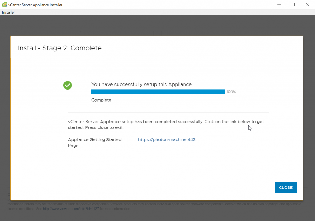 VCSA Completed Installation