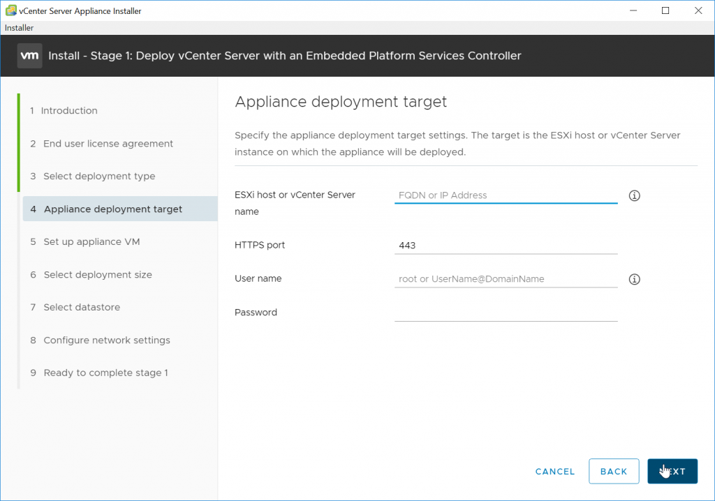 VCSA Appliance Deployment Target