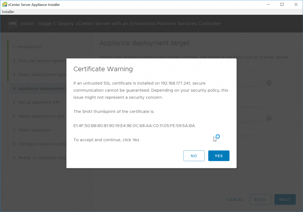 Certificate Warning when adding VMWare ESXi hosts