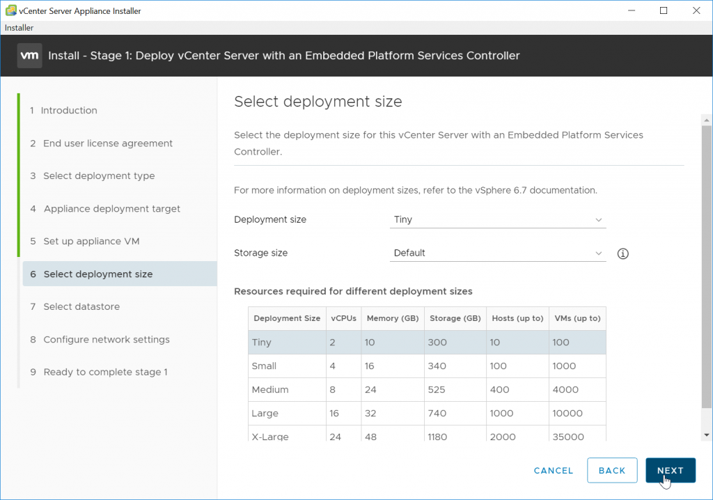 VCSA Deployment Size