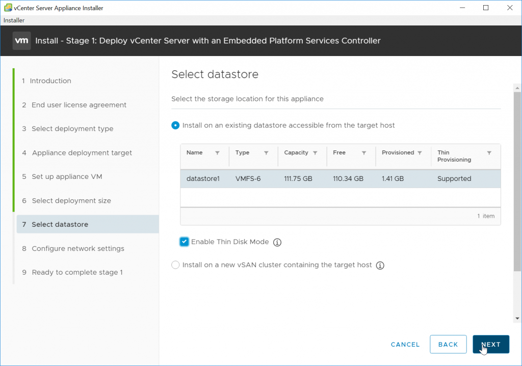 VCSA Datastore Selection