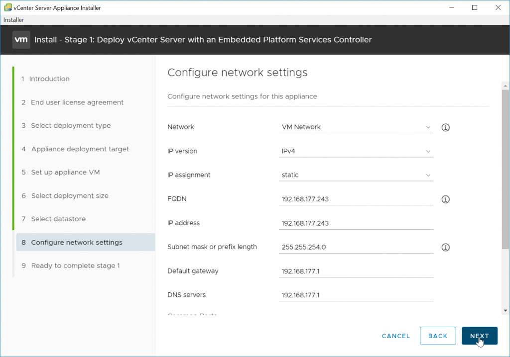 VCSA Install Settings