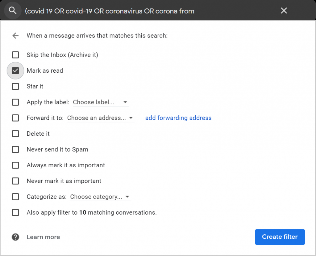 Gmail Filter Options